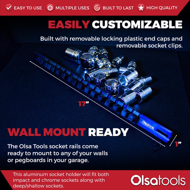 Olsa Tools 1/2-Inch Drive Aluminum Socket Organizer with Locking End Caps | Professional Quality Socket Holder (BLUE) - Image 3